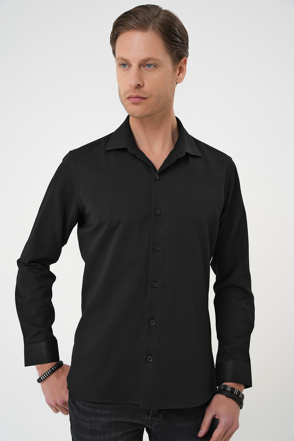 Slim Fit Dokulu Erkek Yaka Pamuklu Siyah Gömlek Gk 740