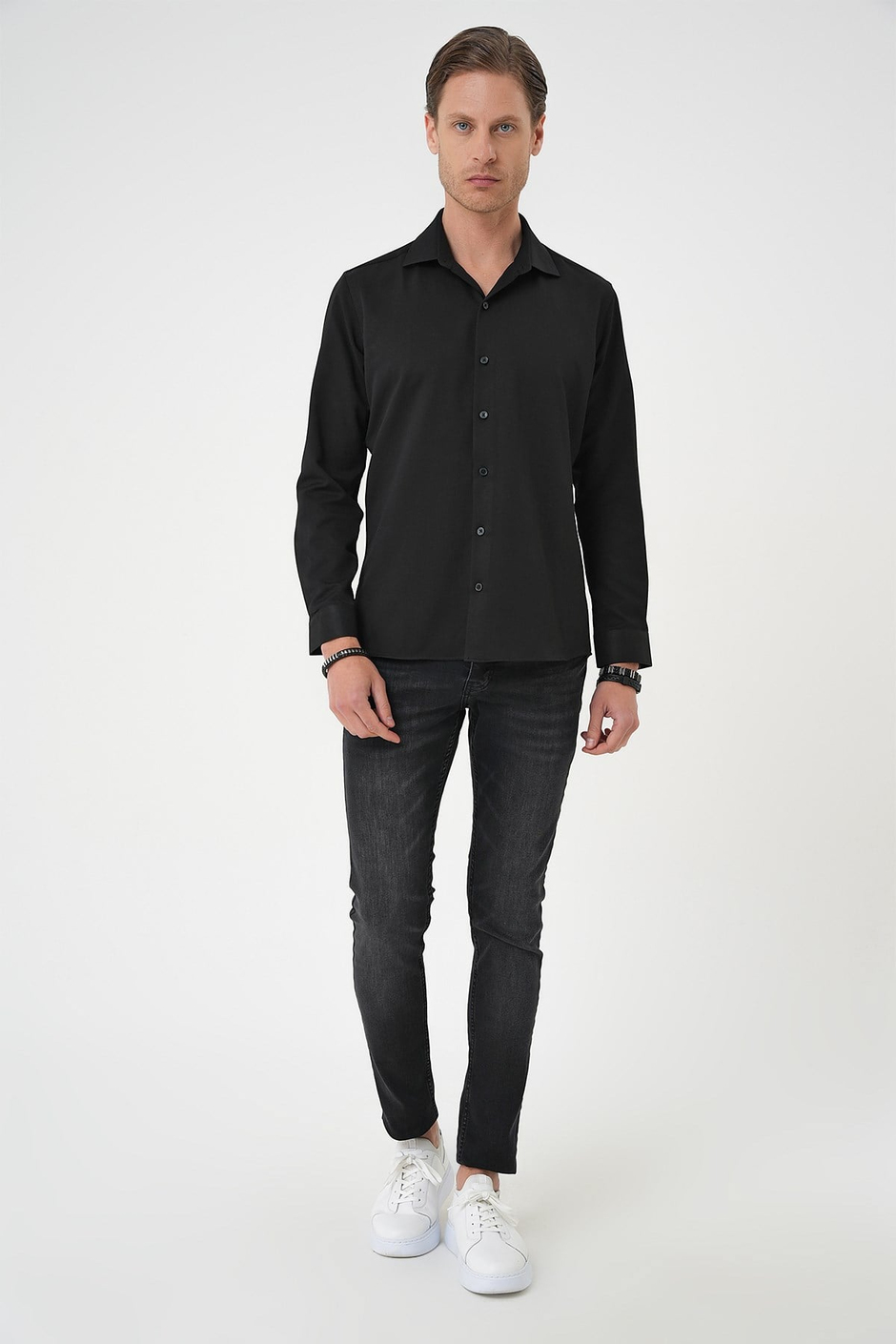 Slim Fit Dokulu Erkek Yaka Pamuklu Siyah Gömlek Gk 740