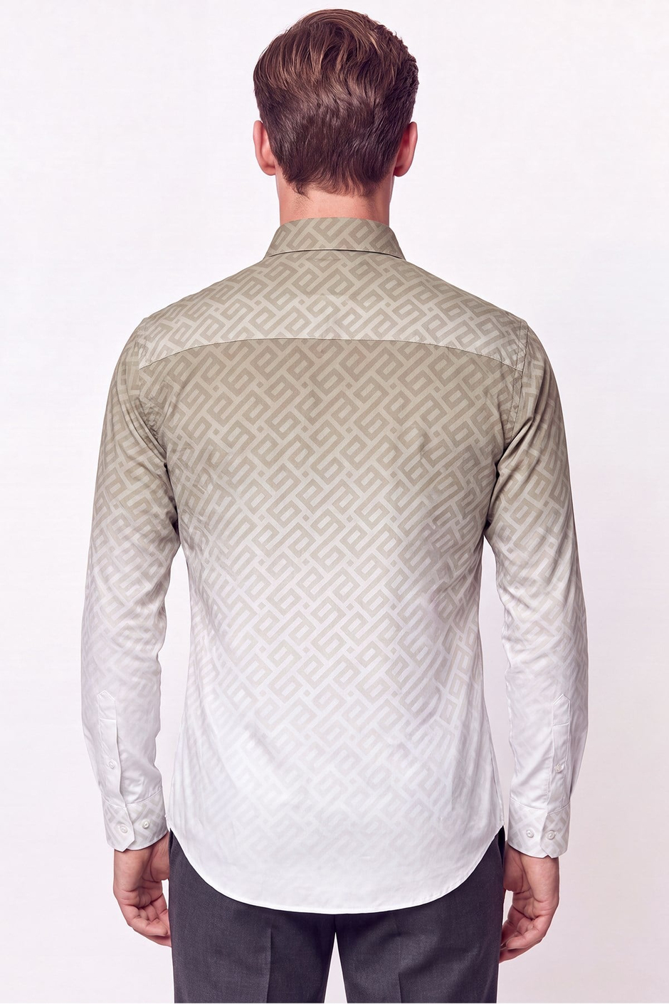 Slim Fit Düğme Yaka Desenli Haki Gömlek G 1611 