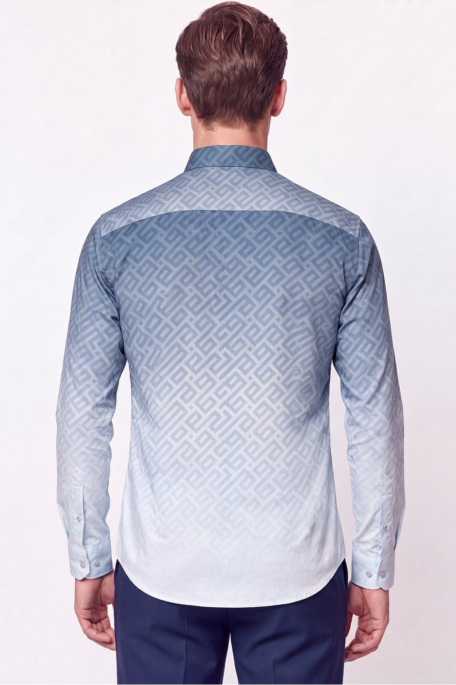 Slim Fit Düğme Yaka Desenli Mavi Gömlek G 1611 