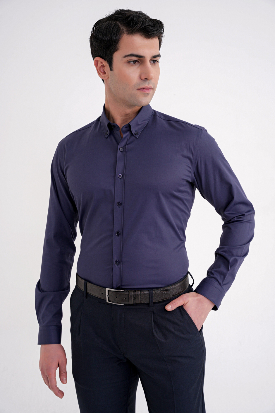 Slim Fit Düğme Yakalı Esnek Pamuk Lacivert Gömlek GK 754