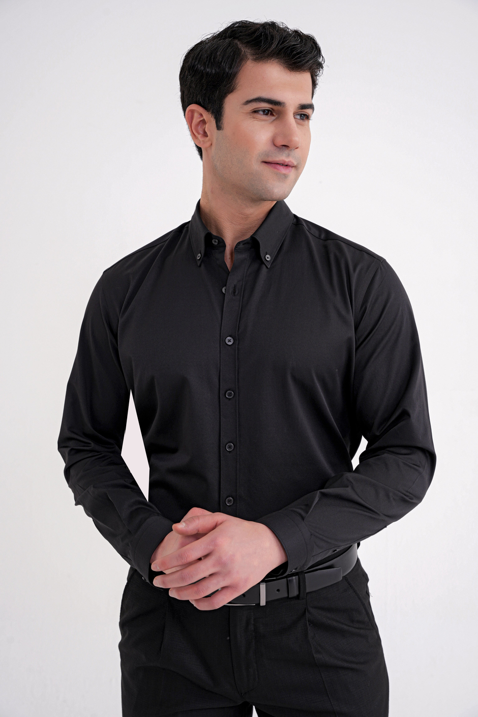 Slim Fit Düğme Yakalı Esnek Pamuk Siyah Gömlek GK 754