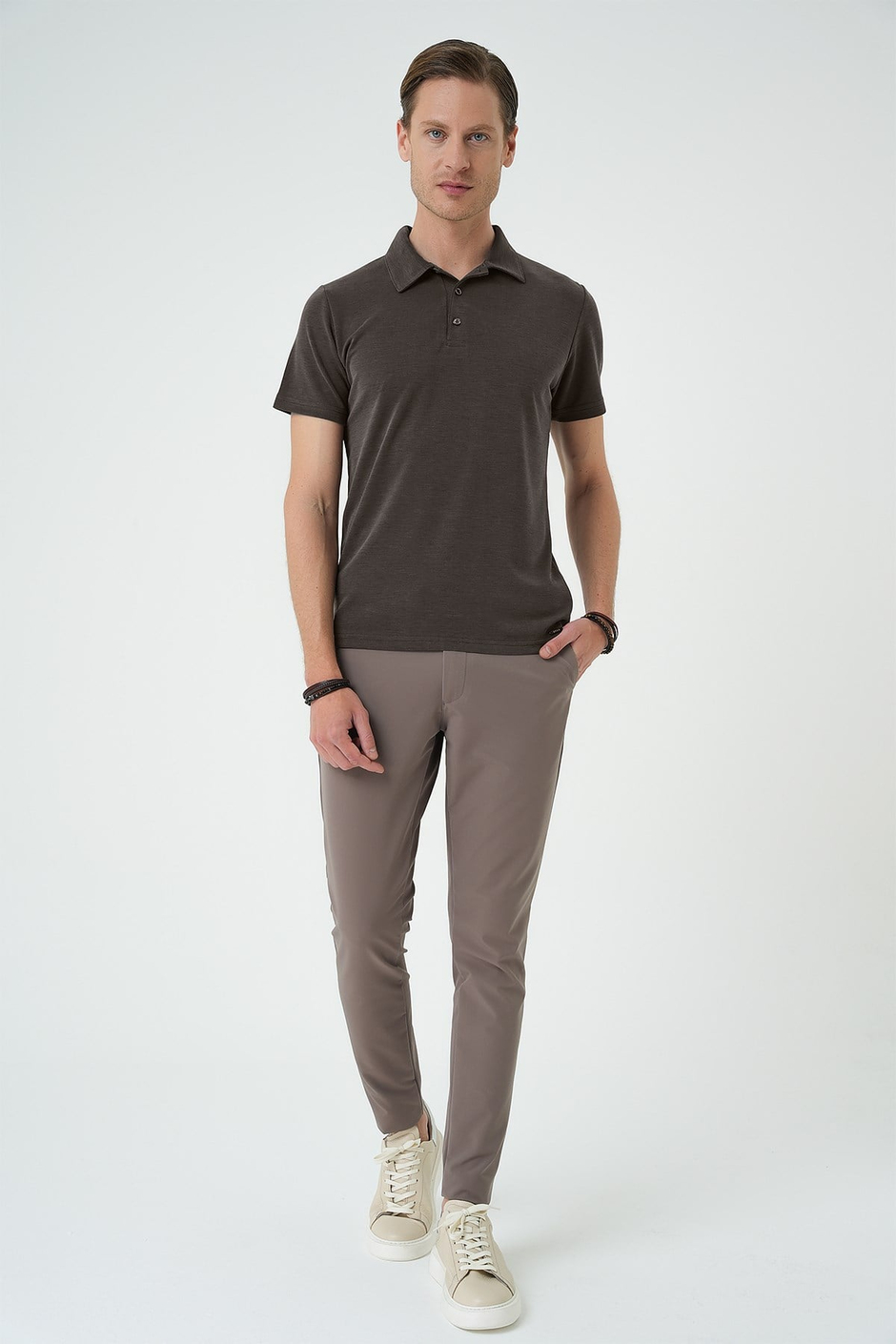 Slim Fit Düğmeli Pamuklu Koyu Vizon Polo Yaka Tişört Ts 879