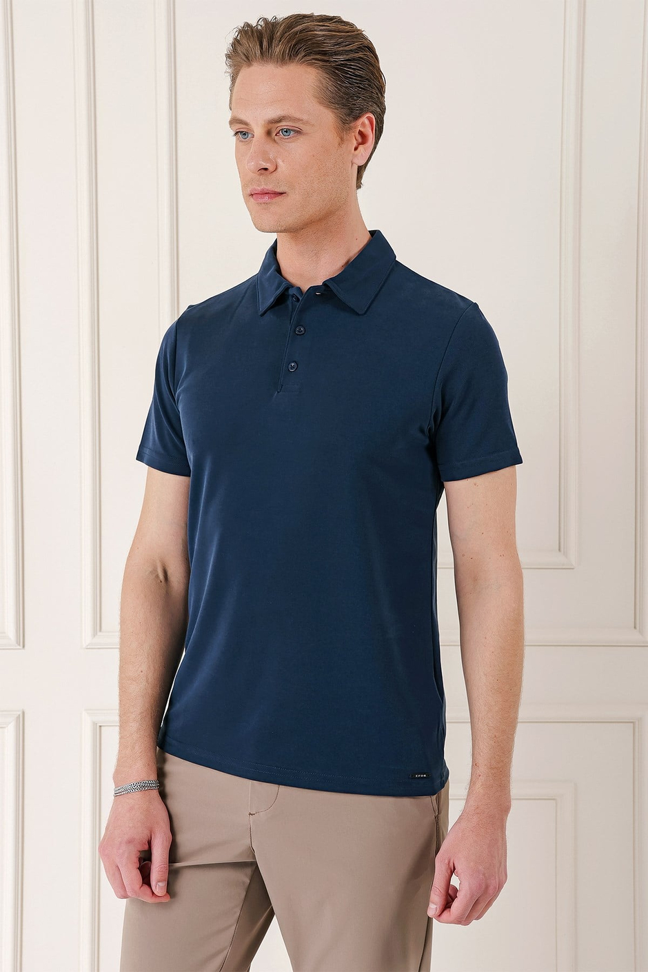 Slim Fit Düğmeli Pamuklu Lacivert Polo Yaka Tişört Ts 879