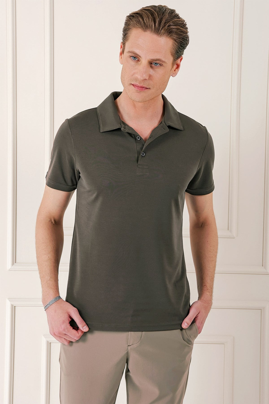 Slim Fit Düğmeli Pamuklu Vizon Polo Yaka Tişört Ts 879