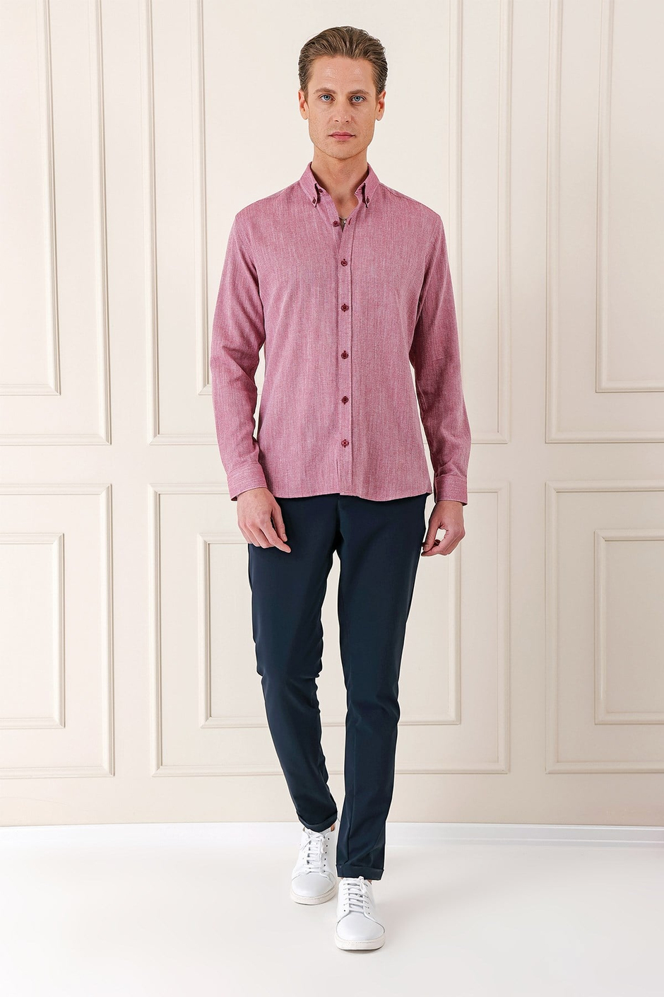Slim Fit Düğmeli Yaka %100 Pamuk Bordo Gömlek Gk 723
