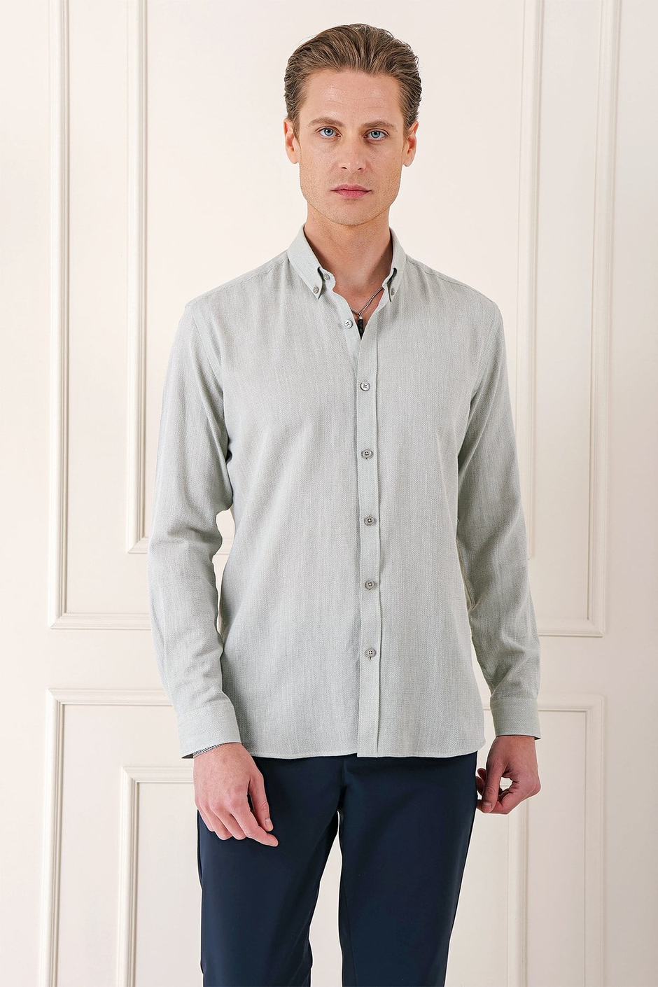 Slim Fit Düğmeli Yaka %100 Pamuk Klasik Çağla Gömlek Gk 723