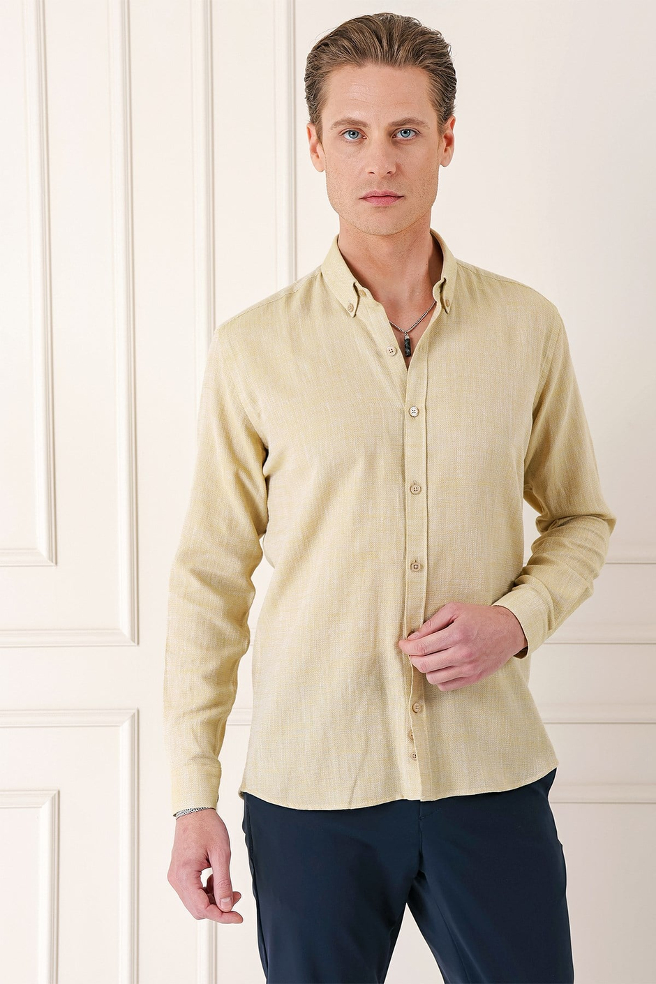 Slim Fit Düğmeli Yaka %100 Pamuk Limon Gömlek Gk 723