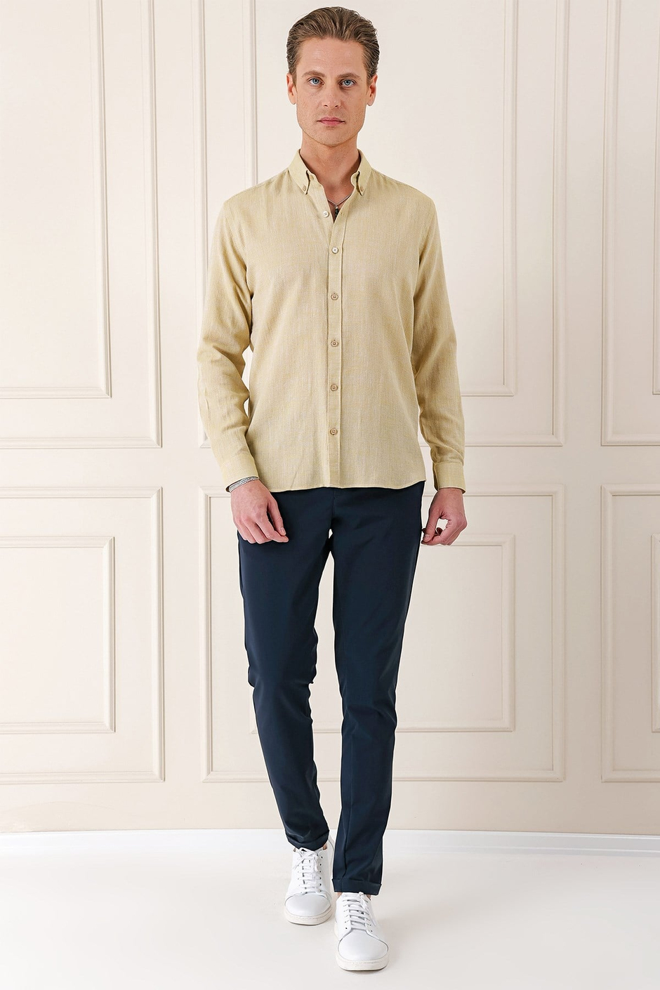 Slim Fit Düğmeli Yaka %100 Pamuk Limon Gömlek Gk 723