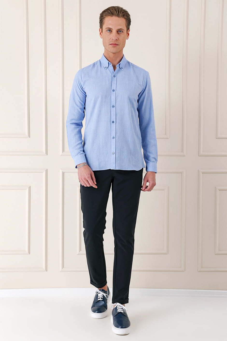 Slim Fit Düğmeli Yaka %100 Pamuk Mavi Gömlek Gk 723