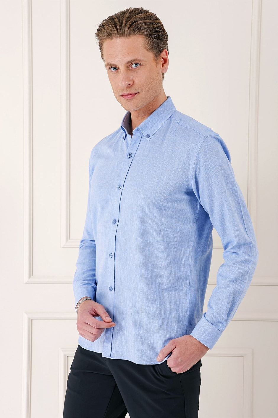 Slim Fit Düğmeli Yaka %100 Pamuk Mavi Gömlek Gk 723