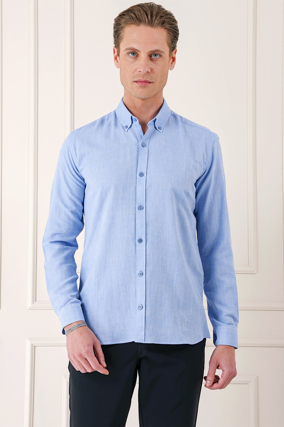 Slim Fit Düğmeli Yaka %100 Pamuk Mavi Gömlek Gk 723