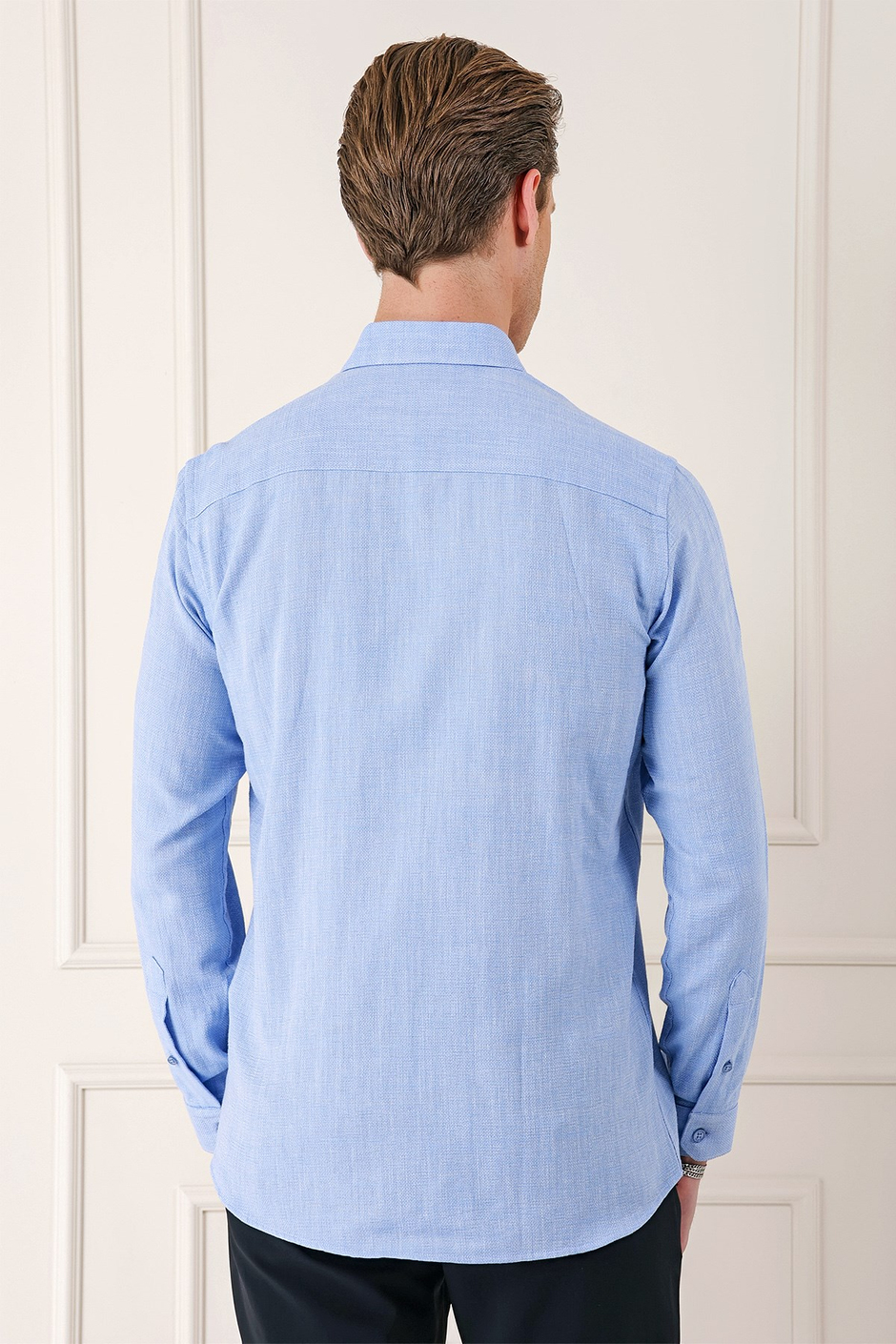 Slim Fit Düğmeli Yaka %100 Pamuk Mavi Gömlek Gk 723