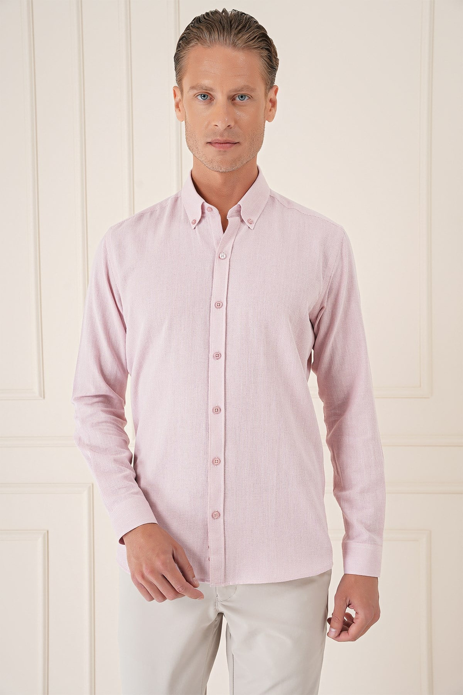 Slim Fit Düğmeli Yaka %100 Pamuk Pudra Gömlek Gk 723