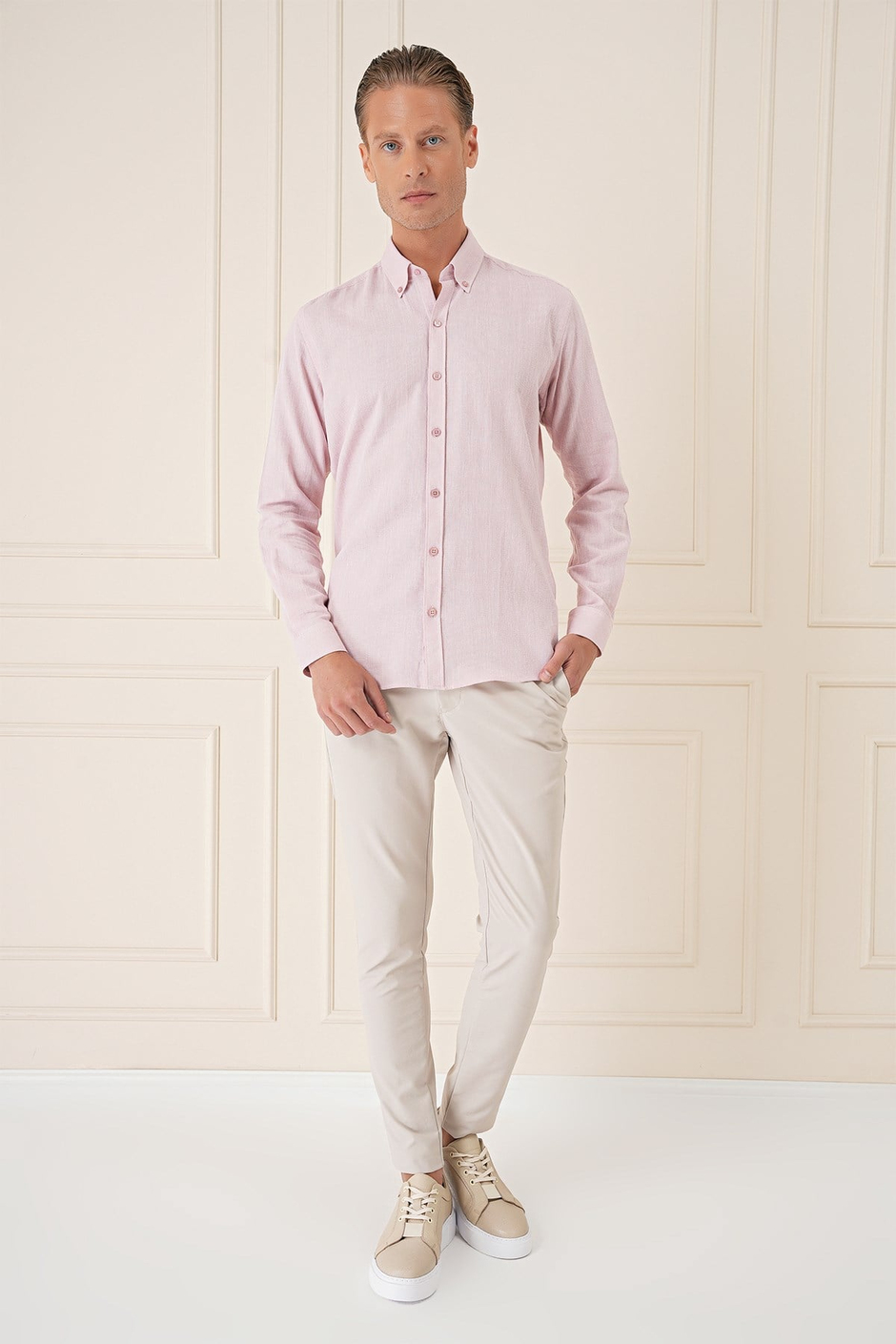 Slim Fit Düğmeli Yaka %100 Pamuk Pudra Gömlek Gk 723