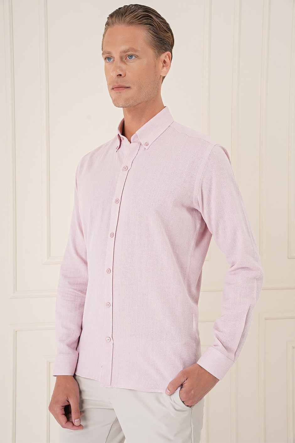 Slim Fit Düğmeli Yaka %100 Pamuk Pudra Gömlek Gk 723