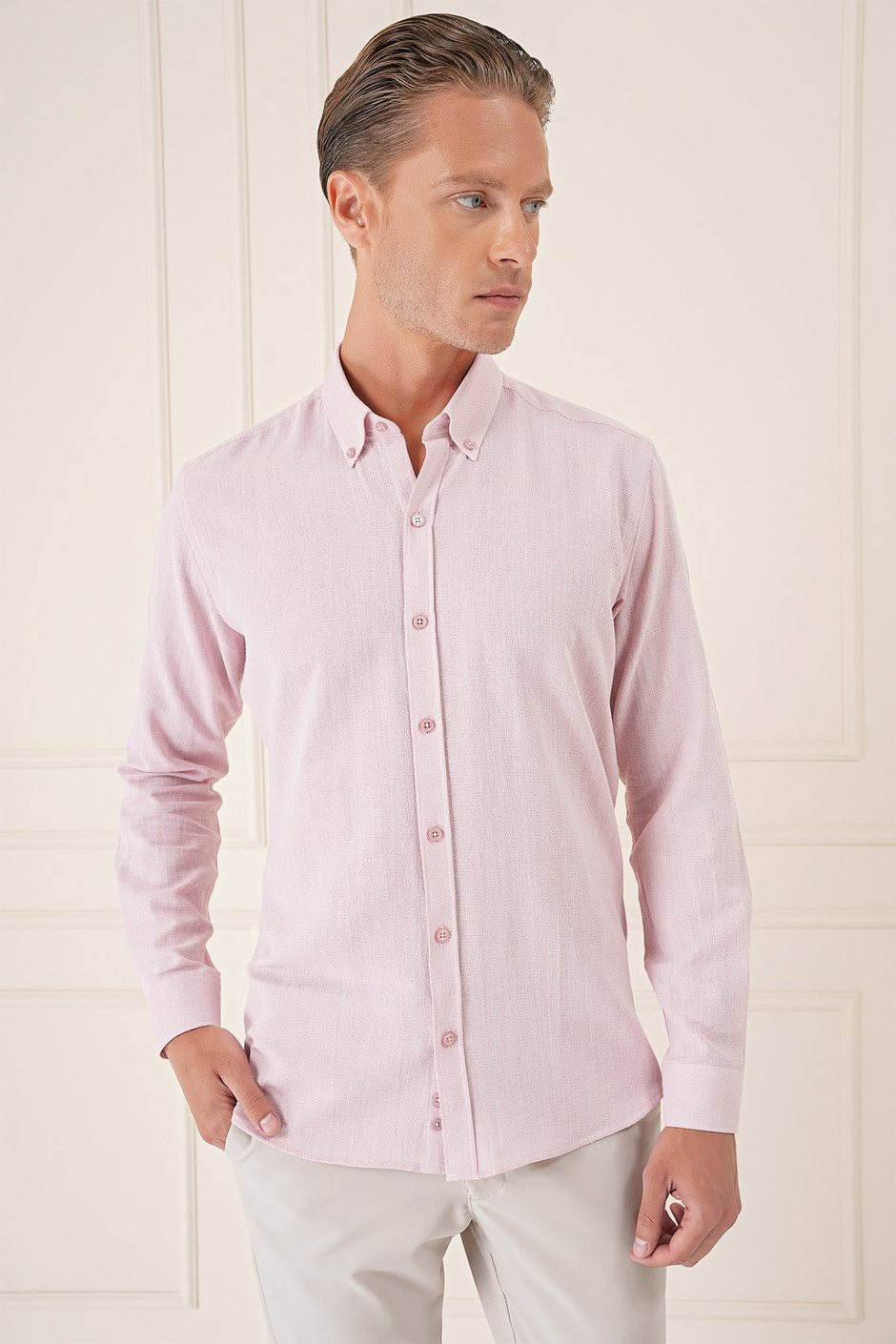 Slim Fit Düğmeli Yaka %100 Pamuk Pudra Gömlek Gk 723