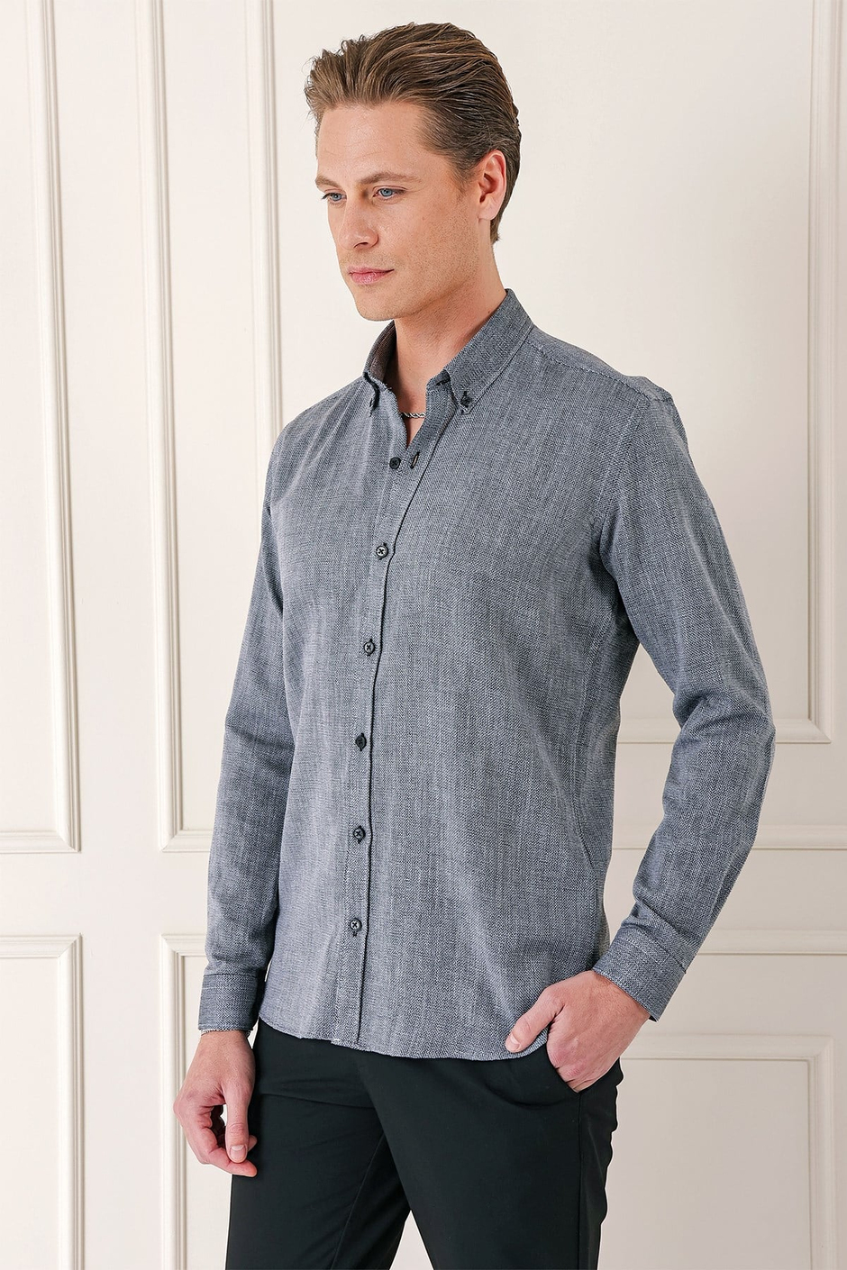 Slim Fit Düğmeli Yaka %100 Pamuk Siyah Gömlek Gk 723