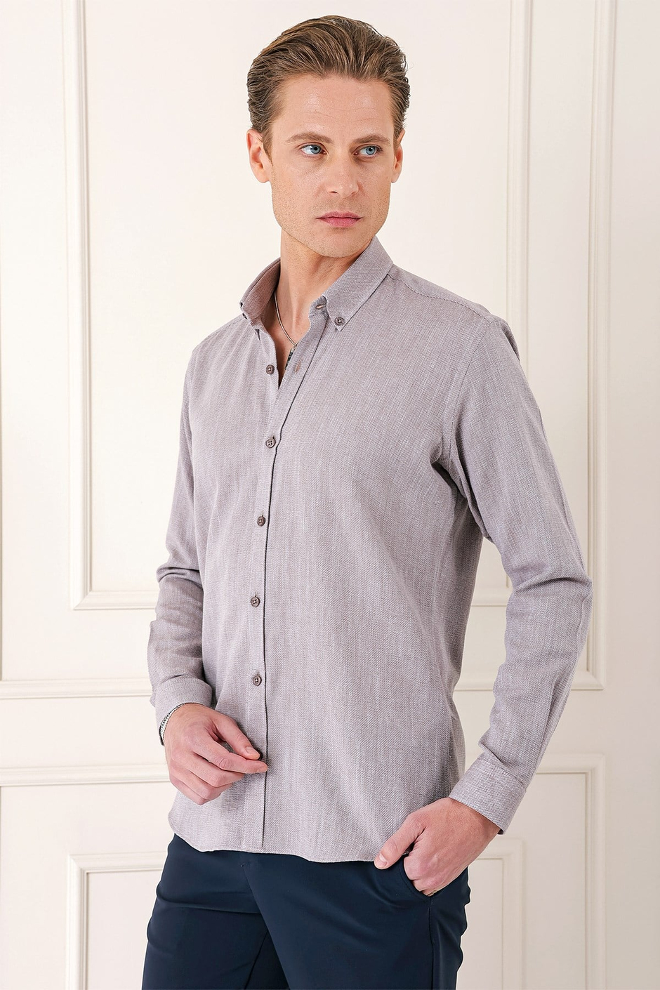 Slim Fit Düğmeli Yaka %100 Pamuk Vizon Gömlek Gk 723
