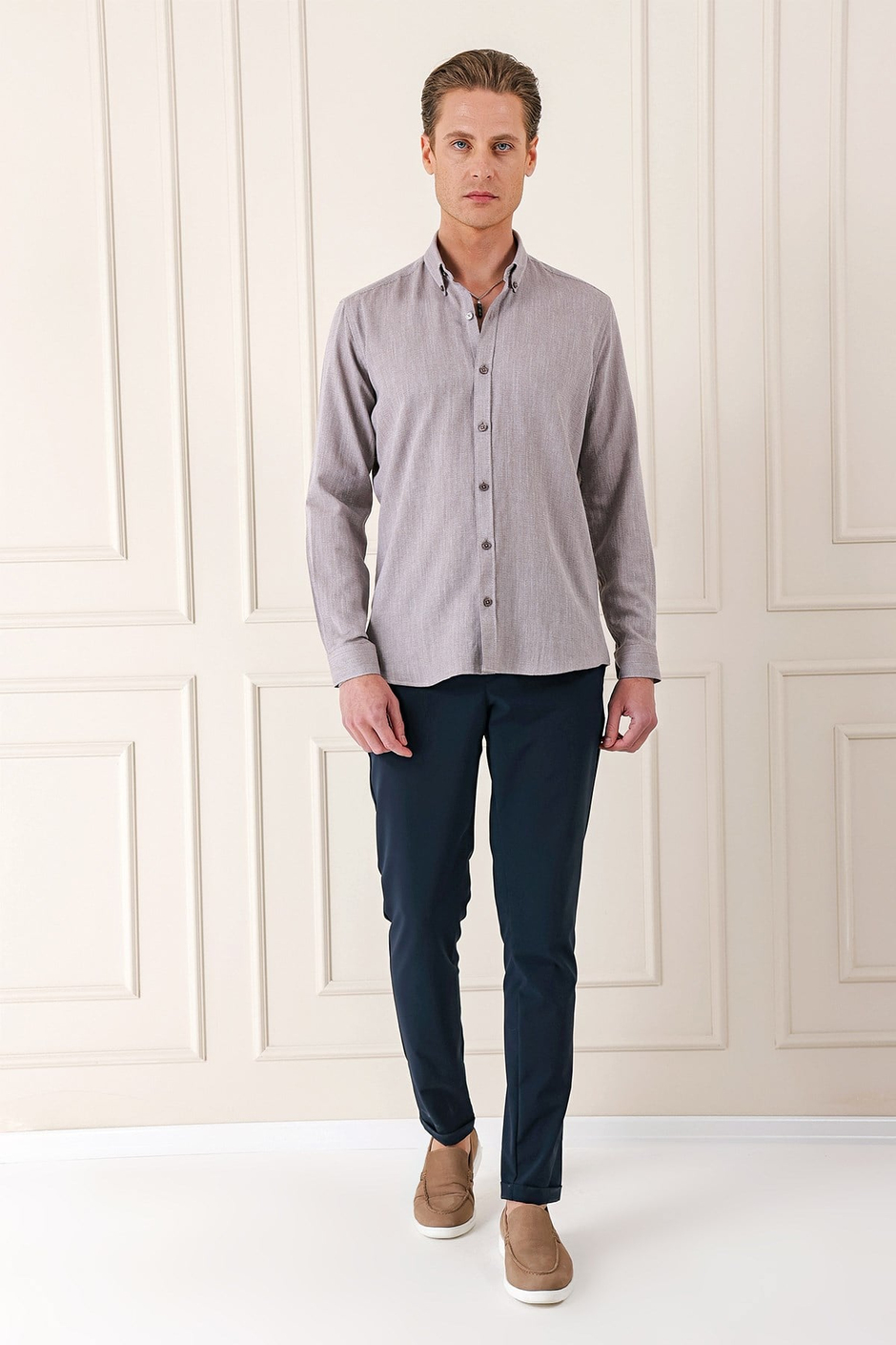 Slim Fit Düğmeli Yaka %100 Pamuk Vizon Gömlek Gk 723