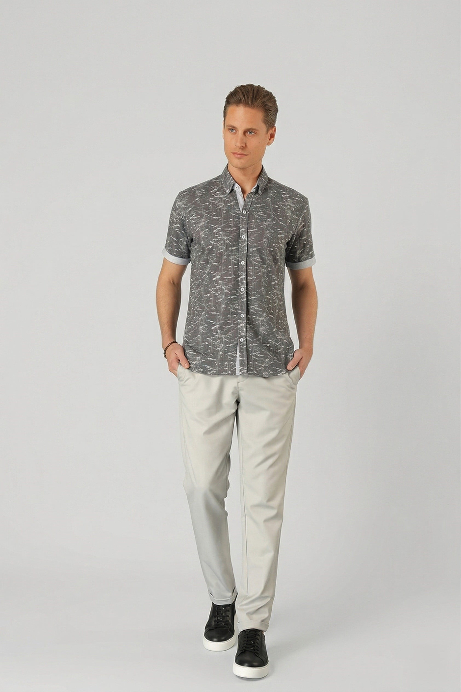 Slim Fit Düğmeli Yaka Desenli Kısa Kollu Pamuk Füme Gömlek G 1499