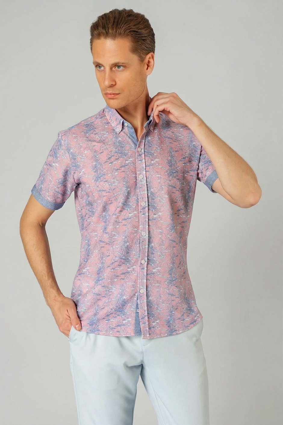 Slim Fit Düğmeli Yaka Desenli Kısa Kollu Pamuk Lila Gömlek G 1499