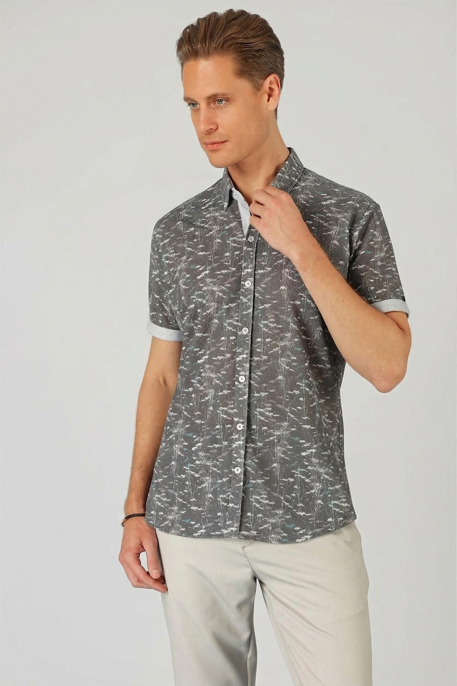 Slim Fit Düğmeli Yaka Desenli Kısa Kollu Pamuk Füme Gömlek G 1499