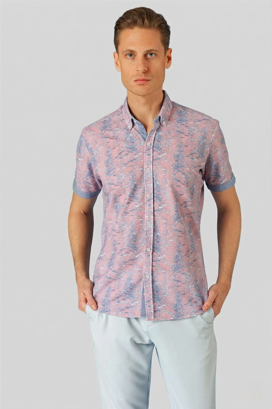 Slim Fit Düğmeli Yaka Desenli Kısa Kollu Pamuk Lila Gömlek G 1499