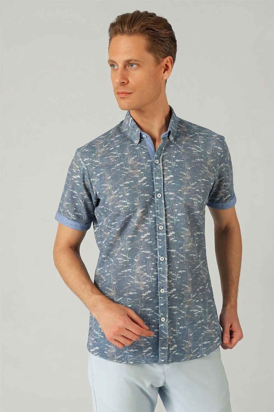 Slim Fit Düğmeli Yaka Desenli Kısa Kollu Pamuk Mavi Gömlek G 1499