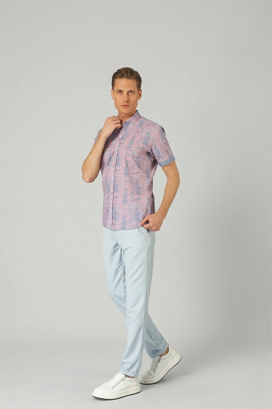 Slim Fit Düğmeli Yaka Desenli Kısa Kollu Pamuk Lila Gömlek G 1499