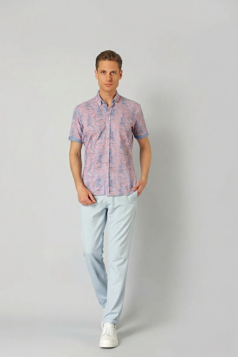 Slim Fit Düğmeli Yaka Desenli Kısa Kollu Pamuk Lila Gömlek G 1499