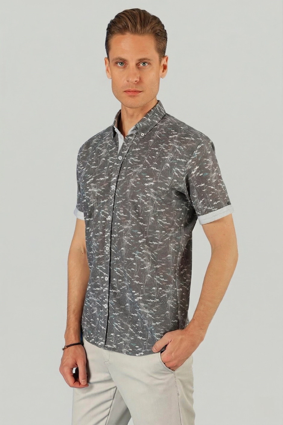 Slim Fit Düğmeli Yaka Desenli Kısa Kollu Pamuk Füme Gömlek G 1499
