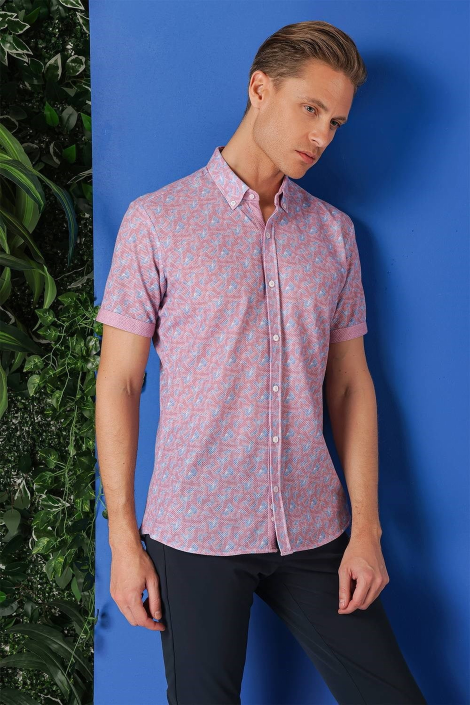 Slim Fit Düğmeli Yaka Desenli Kısa Kollu Pamuk Eflatun Gömlek G 1504