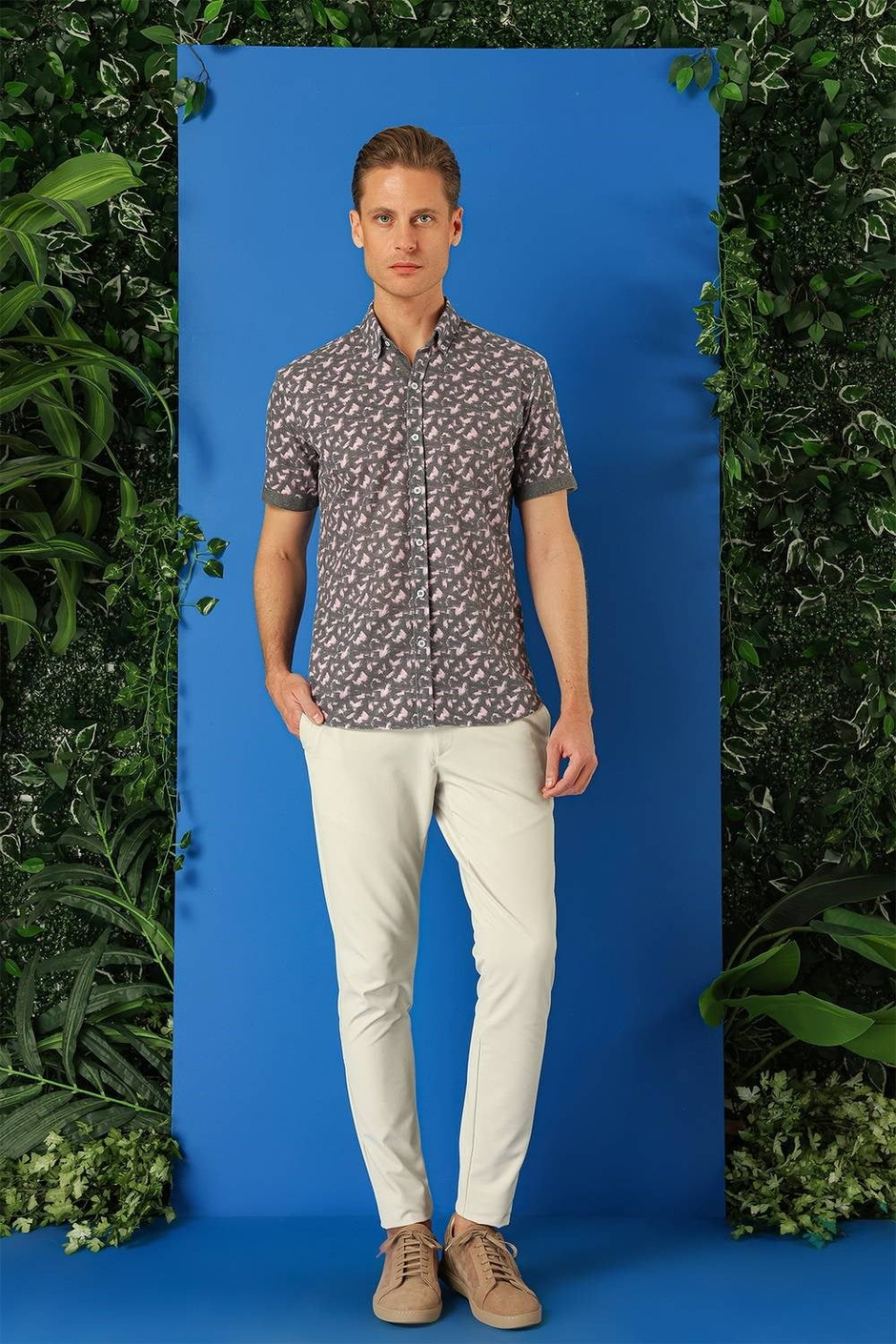 Slim Fit Düğmeli Yaka Desenli Kısa Kollu Pamuk Füme Gömlek G 1504