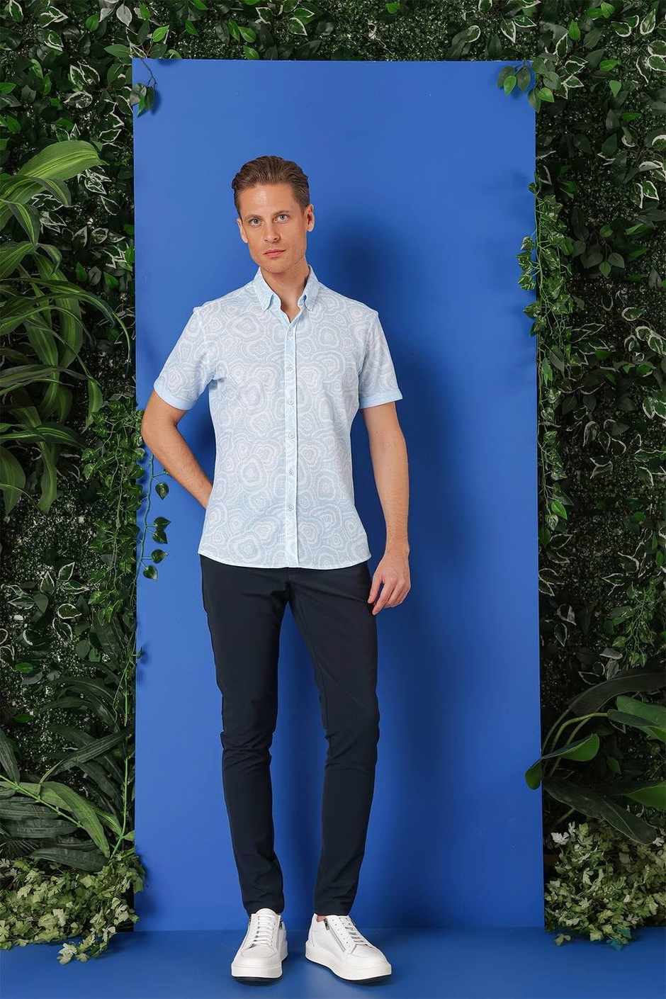 Slim Fit Düğmeli Yaka Desenli Kısa Kollu Pamuk Mavi Gömlek G 1503