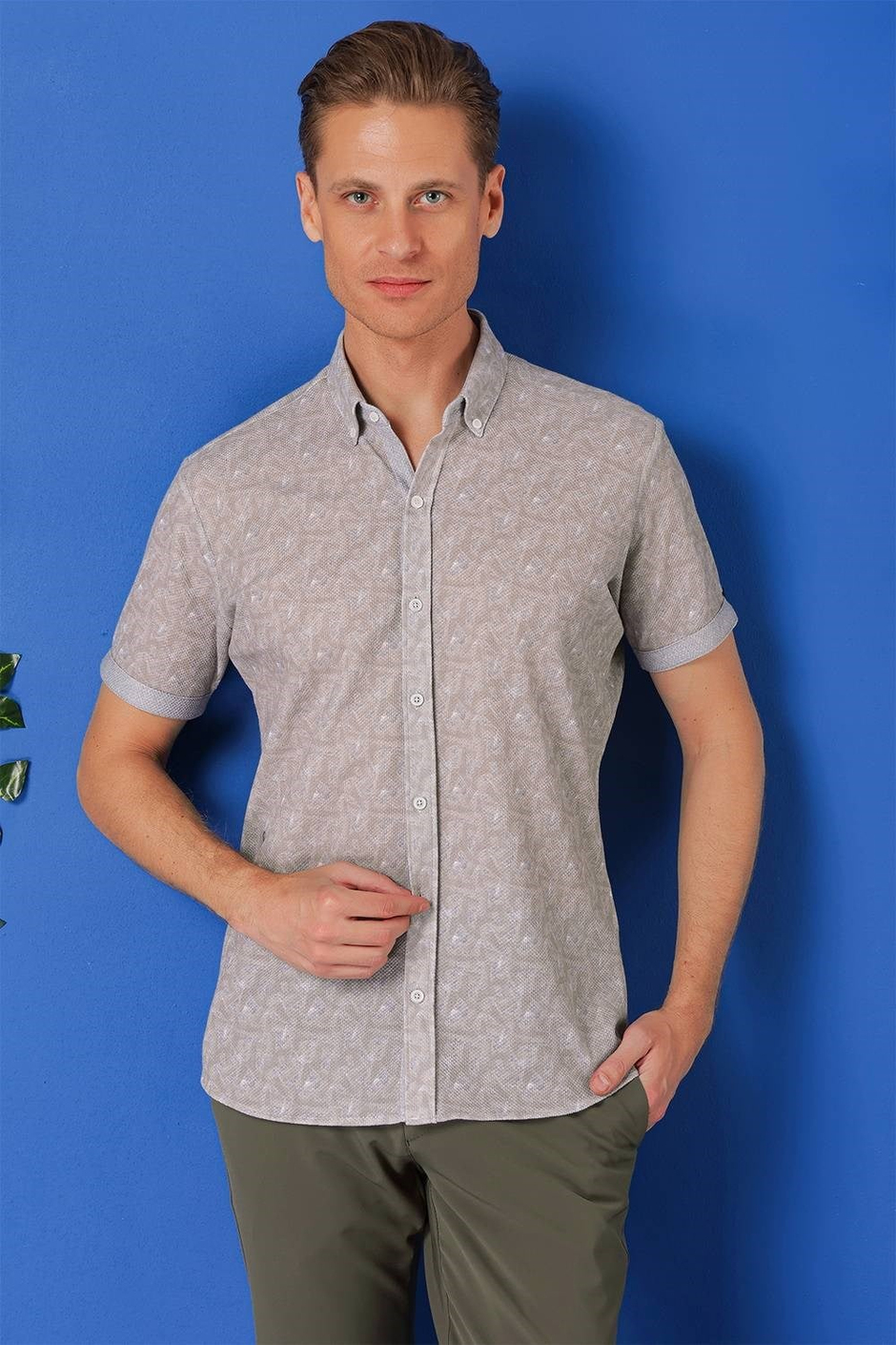 Slim Fit Düğmeli Yaka Desenli Kısa Kollu Pamuk Gri Gömlek G 1504
