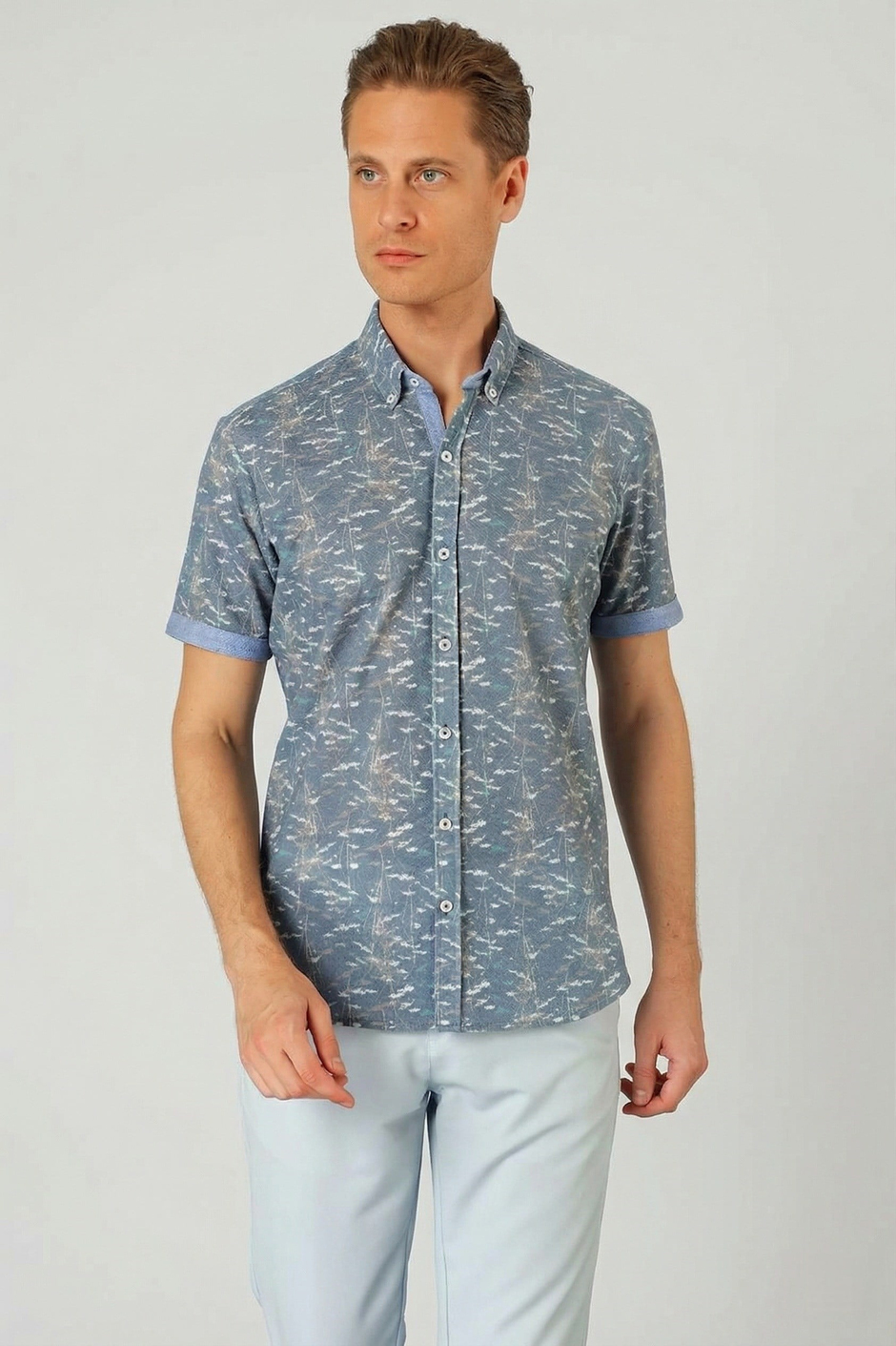 Slim Fit Düğmeli Yaka Desenli Kısa Kollu Pamuk Mavi Gömlek G 1499