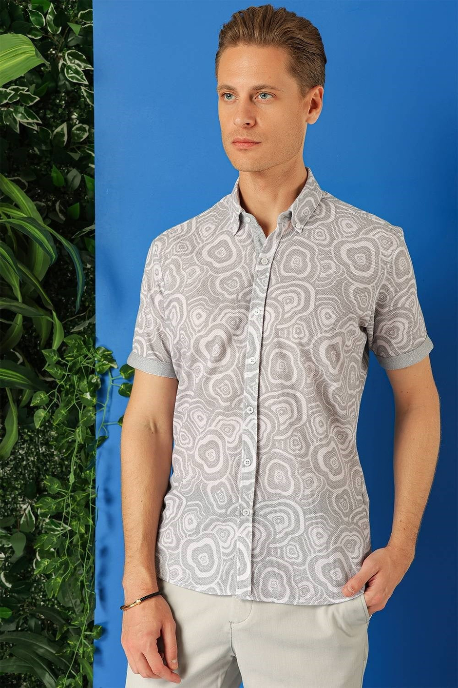 Slim Fit Düğmeli Yaka Desenli Kısa Kollu Pamuk Gri Gömlek G 1503