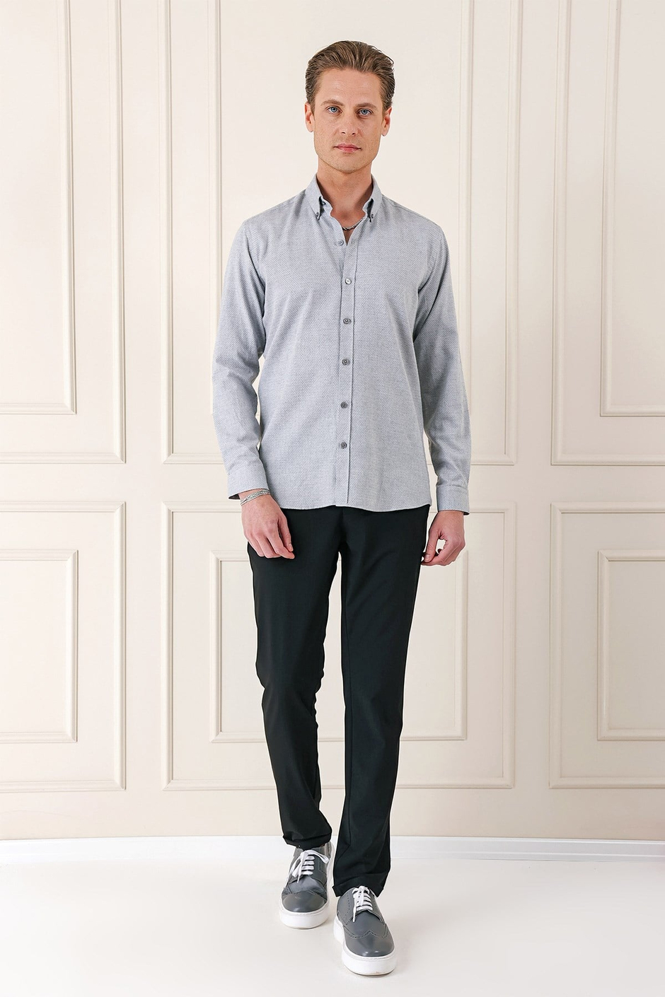 Slim Fit Düğmeli Yaka Dokulu %100 Pamuk Klasik Açık Gri Gömlek Gk 724