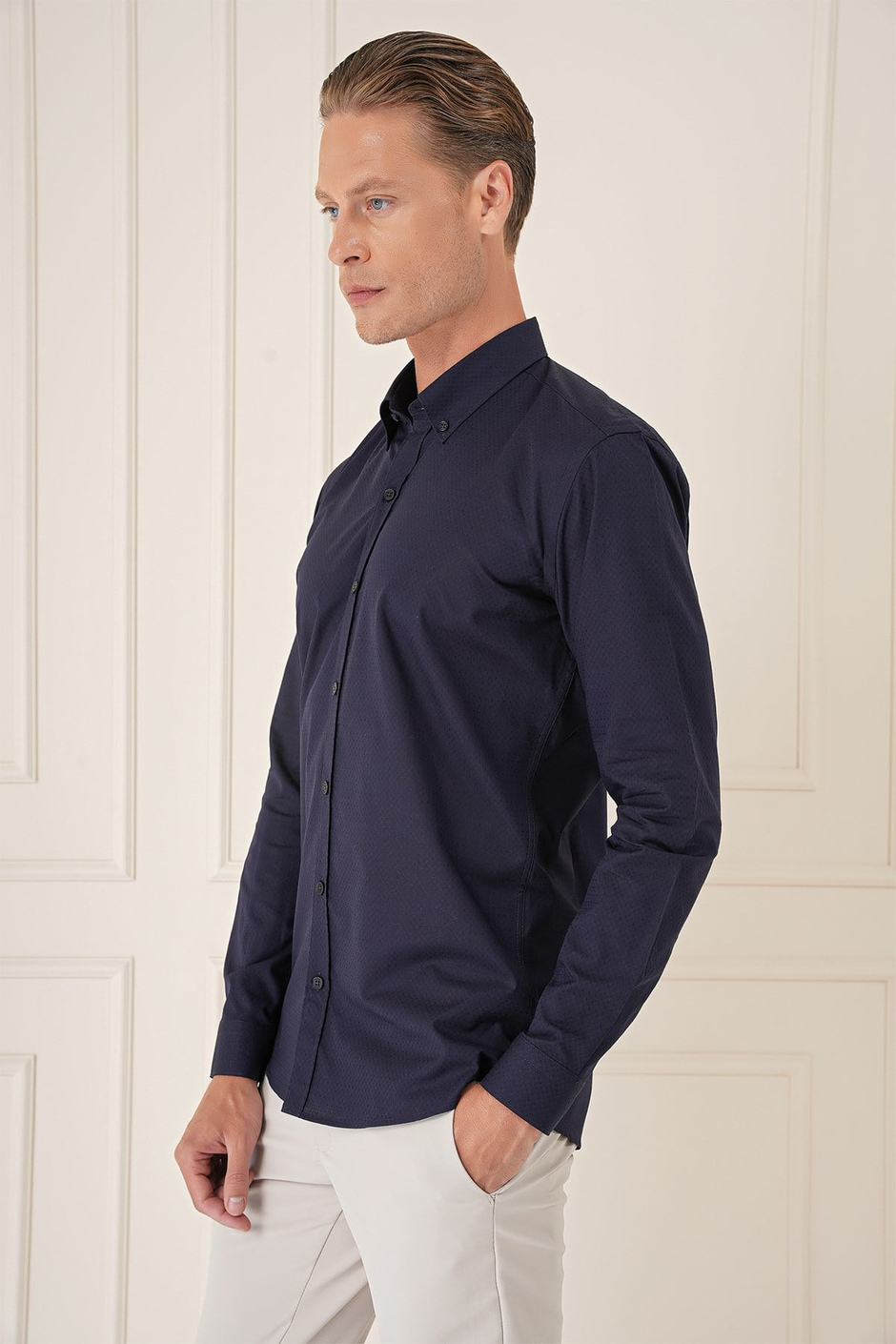 Slim Fit Düğmeli Yaka Dokulu %100 Pamuk Lacivert Gömlek Gk 726