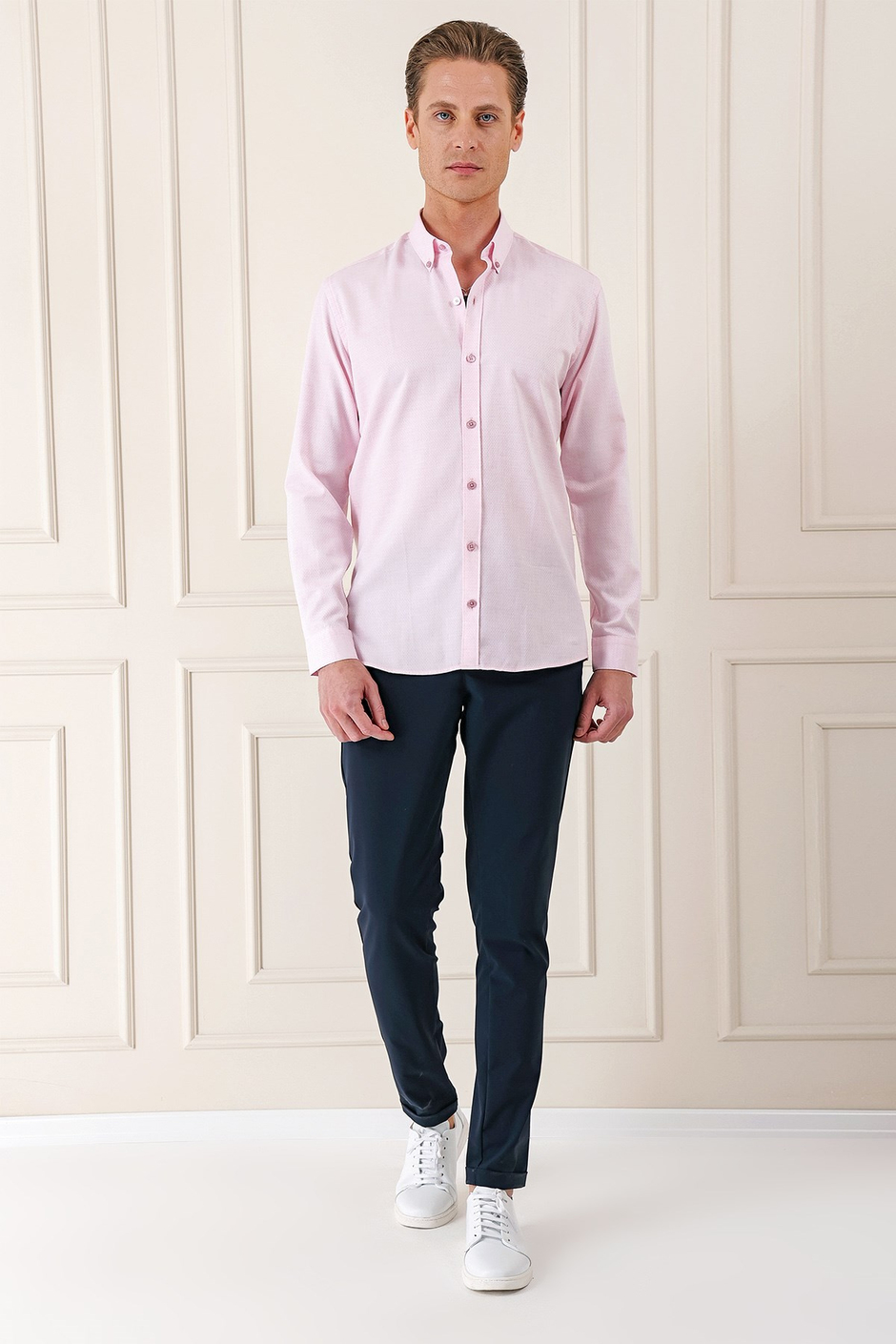 Slim Fit Düğmeli Yaka Dokulu %100 Pamuk Pudra Gömlek Gk 724