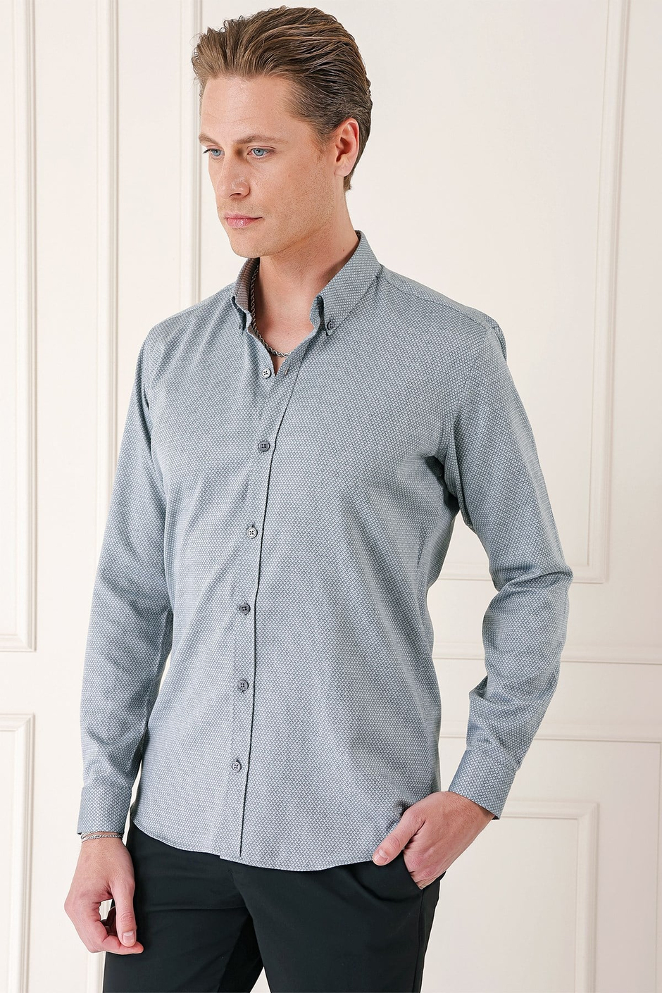 Slim Fit Düğmeli Yaka Dokulu %100 Pamuk Gri Gömlek Gk 724