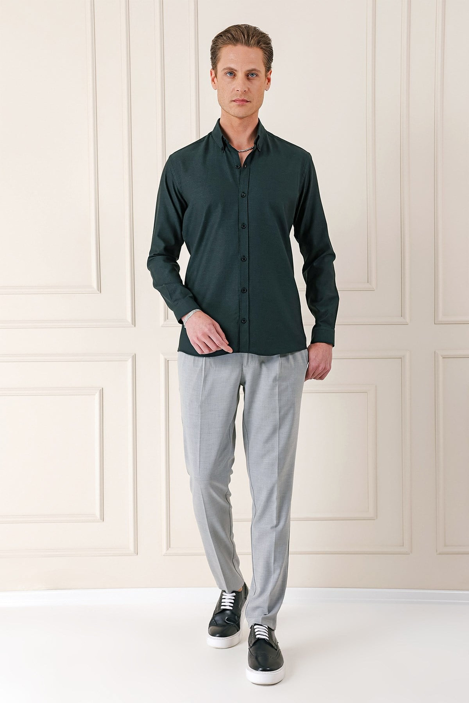 Slim Fit Düğmeli Yaka Dokulu %100 Pamuk Siyah Gömlek Gk 724