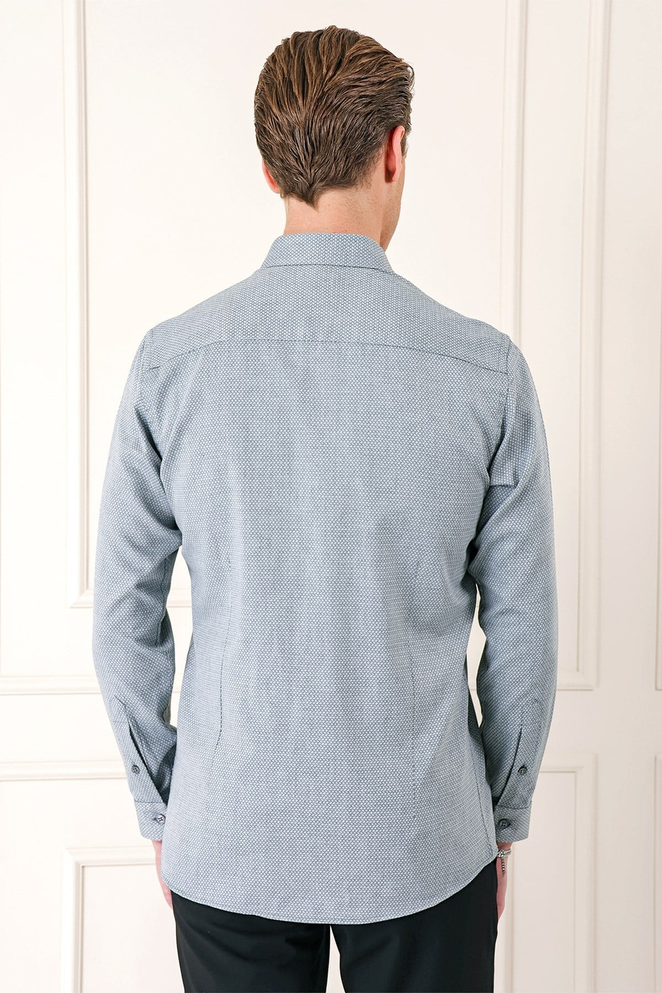 Slim Fit Düğmeli Yaka Dokulu %100 Pamuk Gri Gömlek Gk 724