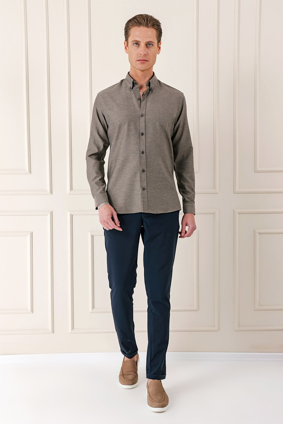 Slim Fit Düğmeli Yaka Dokulu %100 Pamuk Kahverengi Gömlek Gk 724
