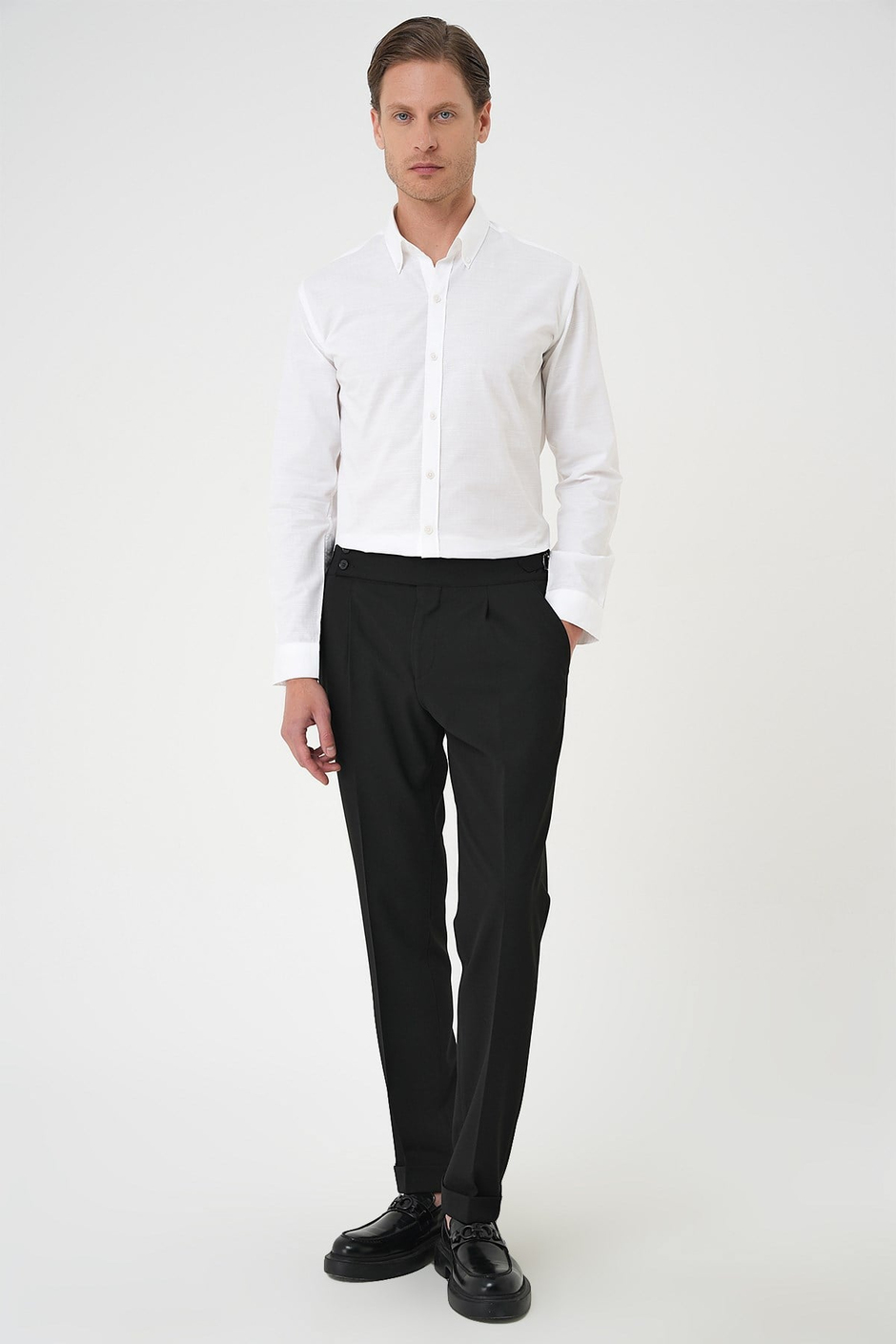 Slim Fit Düğmeli Yaka Dokulu %100 Pamuk Beyaz 2 Gömlek Gk 726