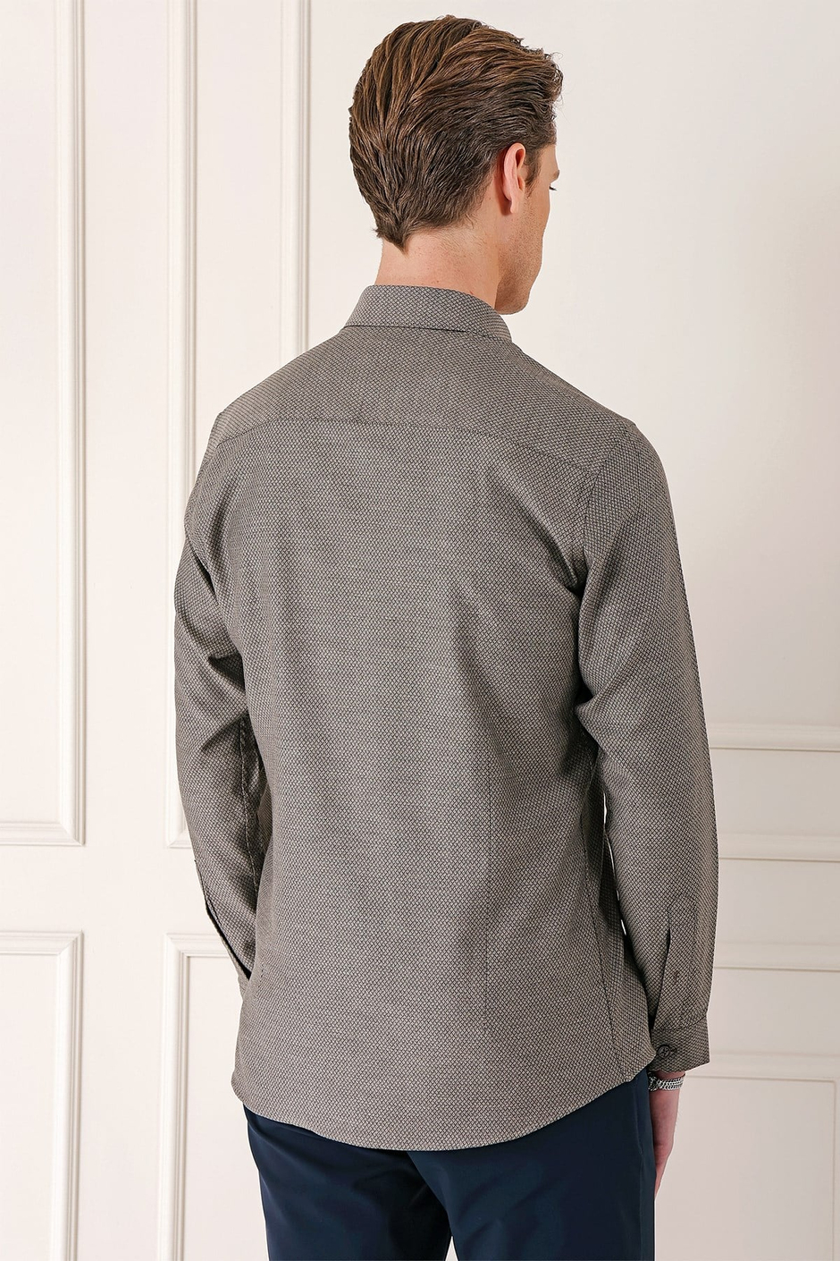 Slim Fit Düğmeli Yaka Dokulu %100 Pamuk Kahverengi Gömlek Gk 724