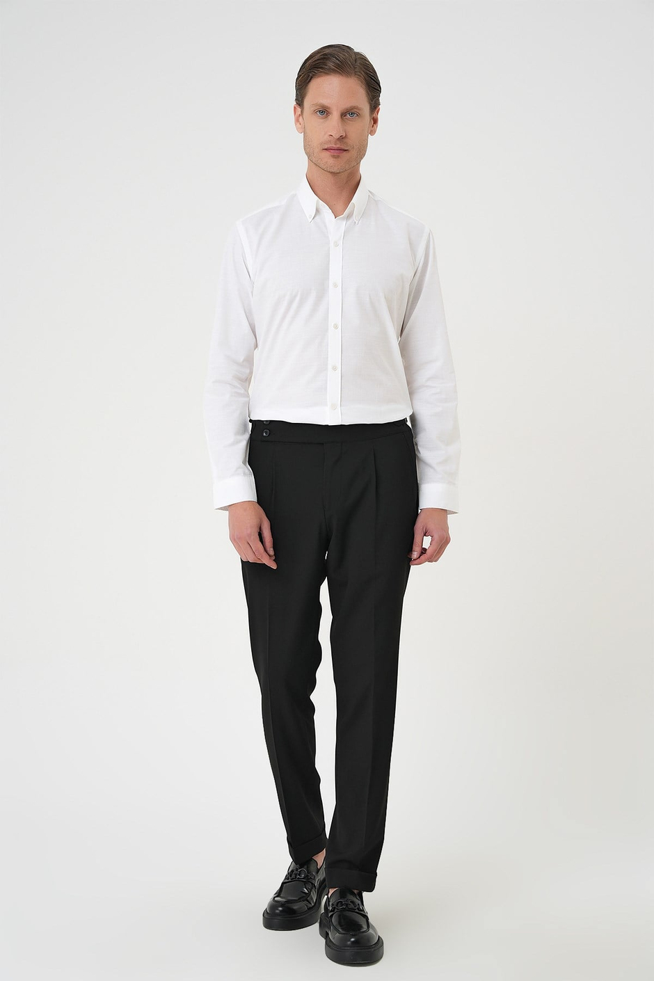Slim Fit Düğmeli Yaka Dokulu %100 Pamuk Beyaz 2 Gömlek Gk 726