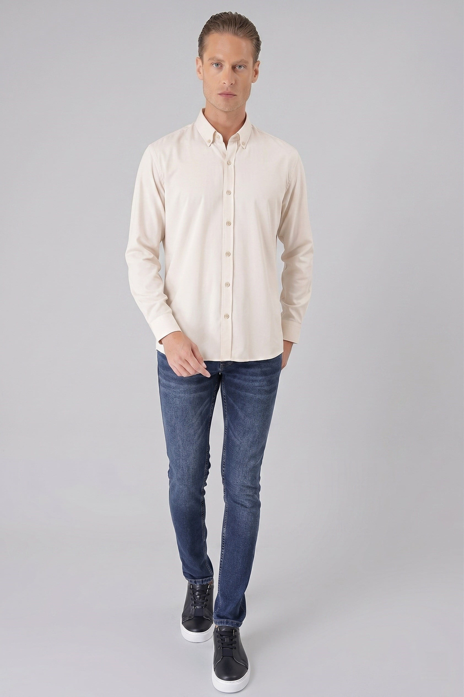 Slim Fit Düğmeli Yaka Esnek Pamuk Bej Gömlek Gk 727