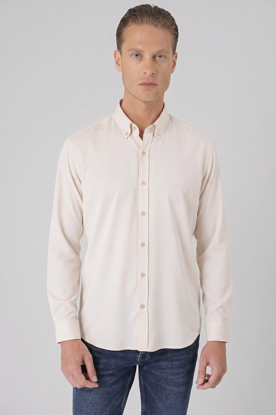 Slim Fit Düğmeli Yaka Esnek Pamuk Bej Gömlek Gk 727